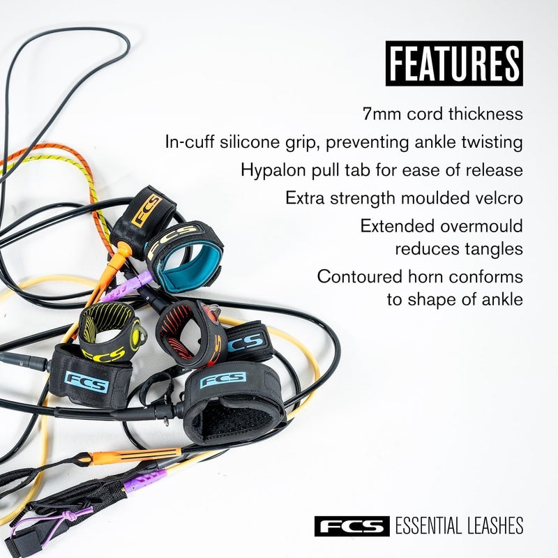 FCS All Round Essential Leash | Lightweight & Durable Surf Leash for 2-8ft Waves, in-Cuff Silicone Grip, Easy-Release Tab - Image 2